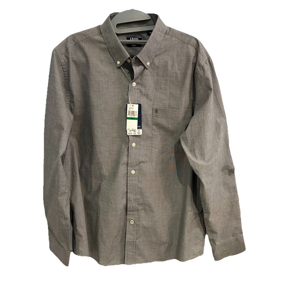 NWT IZOD Dress Shirt Slim Fit Nat Stretch Wrinkle Free Smoked Pearl Gray LG